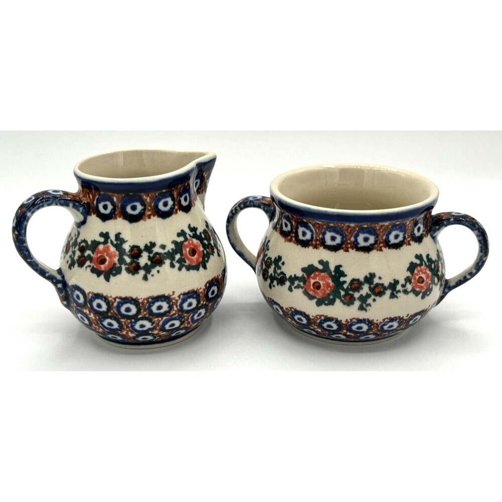 Polish Pottery Blue Rose Creamer & Sugar Bowl Artisan Made U-3/47 Signed Labeled